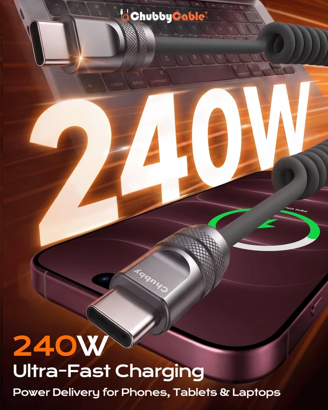 Alt view image 3 of 7 - Coiled USB C to C Cable 240H Sag-Free Charging Cable, 1 Pack | Gray, For iPhone 18/17/16/15 Series, Self-Organizing, Silicone Type C Charger Cord for CarPlay, 6FT, 240W Fast Charging