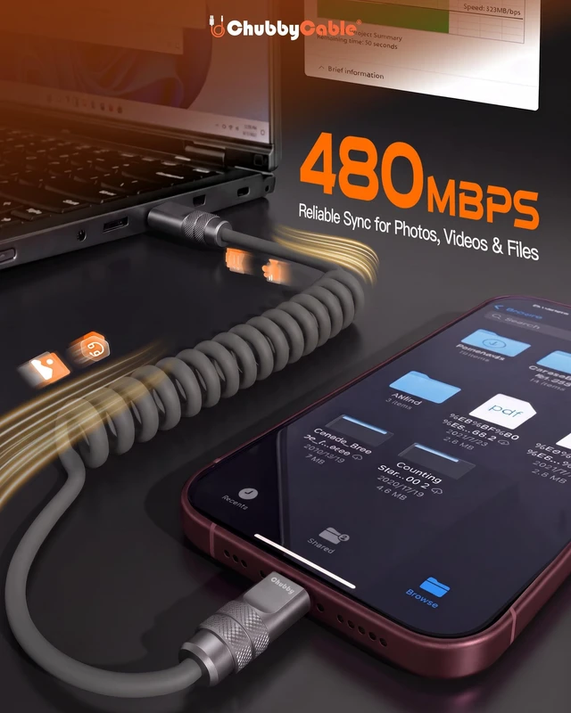 Alt view image 6 of 7 - Coiled USB C to C Cable 240H Sag-Free Charging Cable, 1 Pack | Gray, For iPhone 18/17/16/15 Series, Self-Organizing, Silicone Type C Charger Cord for CarPlay, 6FT, 240W Fast Charging