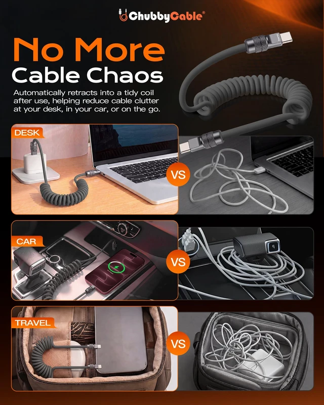 Alt view image 5 of 7 - Coiled USB C to C Cable 240H Sag-Free Charging Cable, 1 Pack | Gray, For iPhone 18/17/16/15 Series, Self-Organizing, Silicone Type C Charger Cord for CarPlay, 6FT, 240W Fast Charging