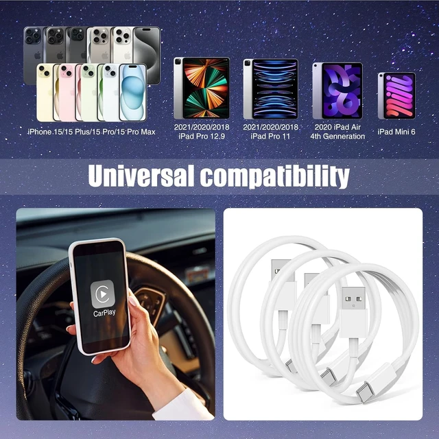 Alt view image 5 of 6 - 3-Pack 6FT Car Carplay Cable USB A to USB C Cable for iPhone 16 15 Pro Plus Pro Maxfor iPad Pro/Air/Minifor Samsung Galaxy S25/S24/S23for MacBook Pro/Air and More