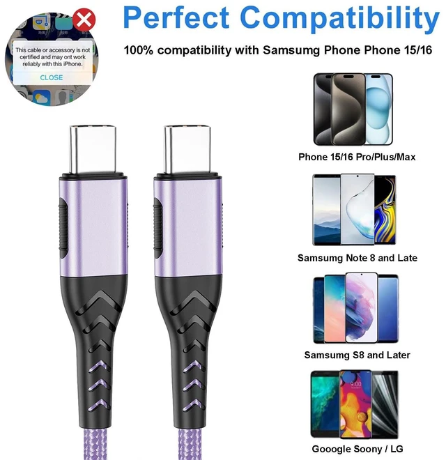 Alt view image 5 of 6 - USB C to USB C Cable, 2Pack 100W 10ft USB C Charger Cable Fast Charging for Android/Phone/Pad, Type C to Type C Charger Braided USB Cable Compatible with Phone 16/15 Pro Plus Max Purple