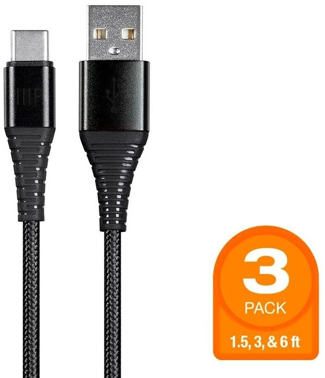 Alt view image 2 of 6 - USB 2.0 Type-C to Type-A Charge and Sync Cable - 1.5 Feet/3 Feet/6 Feet - Black (3 Pack) Durable, Kevlar-Reinforced Nylon-Braid, for Samsung Galaxy S10 S9 S8 S20 - AtlasFlex Series
