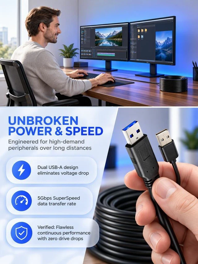 Alt view image 3 of 7 - USB 3.0 30FT A to USB A Male Cable, USB Cord Compatible with Hard Drive Enclosures, DVD Player, Hard Drive Enclosures, DVD Player, TV, Flash Drive, Hub, Monitor, Speaker and More