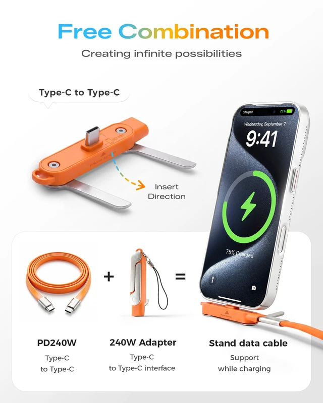 Alt view image 5 of 7 - 240W Fast Charging USB-C to USB-C Cable with Detachable Phone Stand | 90 Degree Soft Silicone Invisible Stand Type-C Fast Charging Cord for Gaming, Desk Setup & Hands-Free Viewing (5FT, Orange)