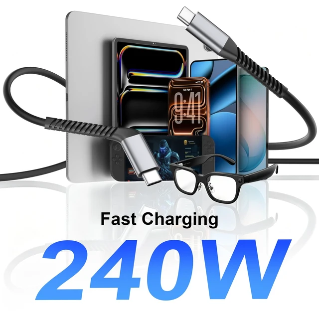 Alt view image 4 of 7 - AR Smart Glasses Cable USB C 240W 20Gbps Data 4K60Hz USBC Display Cord 10FT | 120° Angled Type C Plug Anti-Break Reinforced Joints Fast Charging Cord 4K Video Display Wire for Xreal One/Air/for Rokid