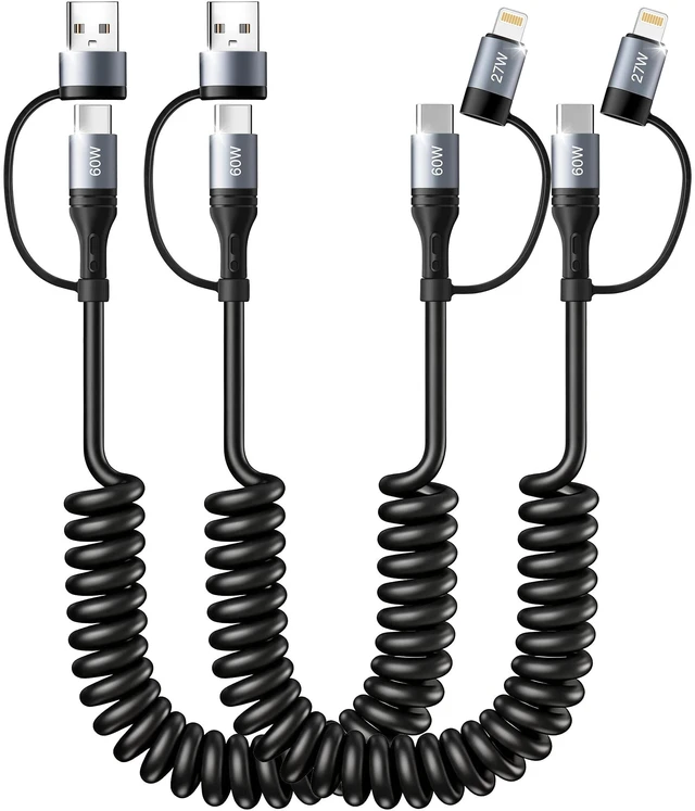 Main image of Coiled USB C Cable,60W Short USB C to USB C Cable Fast Charging Cord | 2Pack 4Ft Carplay Car Charger Type C and Lightning Cable 2 in 1 for iPhone 18/17/16/15/14/13/12/iPad/AirPods/MacBook/Samsung
