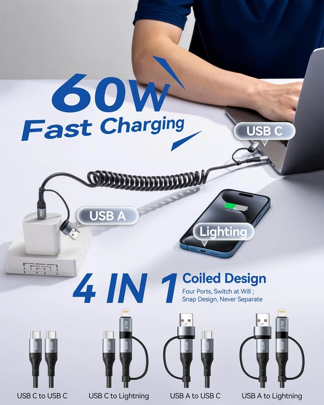 Alt view image 2 of 7 - Coiled USB C Cable,60W Short USB C to USB C Cable Fast Charging Cord | 2Pack 4Ft Carplay Car Charger Type C and Lightning Cable 2 in 1 for iPhone 18/17/16/15/14/13/12/iPad/AirPods/MacBook/Samsung
