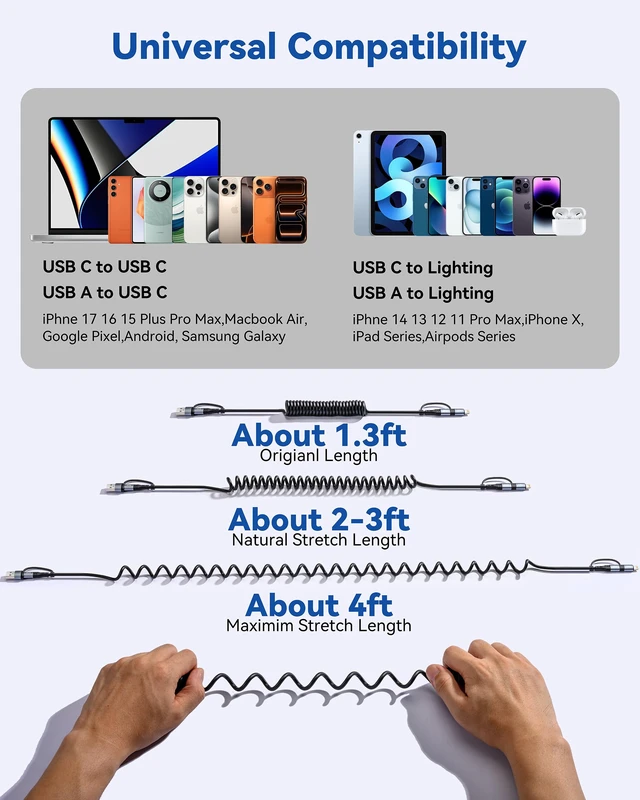 Alt view image 5 of 7 - Coiled USB C Cable,60W Short USB C to USB C Cable Fast Charging Cord | 2Pack 4Ft Carplay Car Charger Type C and Lightning Cable 2 in 1 for iPhone 18/17/16/15/14/13/12/iPad/AirPods/MacBook/Samsung