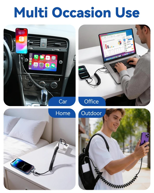 Alt view image 6 of 7 - Coiled USB C Cable,60W Short USB C to USB C Cable Fast Charging Cord | 2Pack 4Ft Carplay Car Charger Type C and Lightning Cable 2 in 1 for iPhone 18/17/16/15/14/13/12/iPad/AirPods/MacBook/Samsung