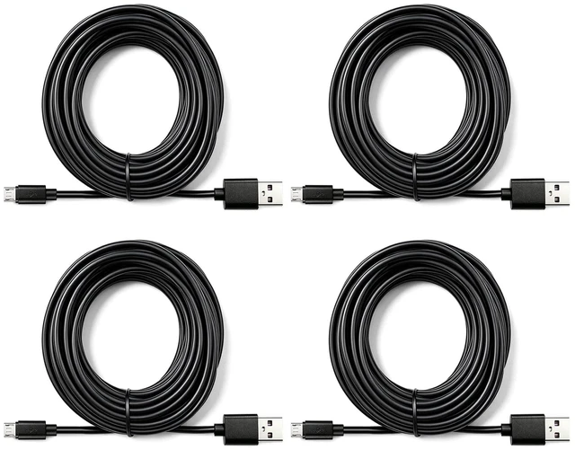 Main image of 4-Pack 25ft Micro USB Extension Cable for WYZE Cam v3/OG, Nest Cam, Black | For YI Home, Blink Mini Security Camera, Extra Long Power Cord Replacement