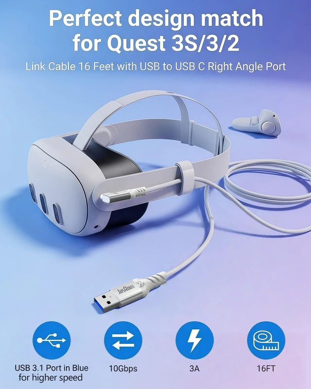 Alt view image 2 of 7 - Link Cable 16FT, 10Gbps USB 3.1 for Meta Quest 3/3S/2/Pro/Pico 4 VR | High Speed Data Transfer USB to USB C, L-Shaped Right Angle Type C Charging Cord for PCVR/Steam VR Headset Accessories, White