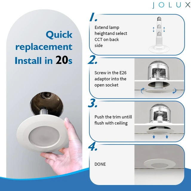 Alt view image 4 of 7 - Jolux 4 Inch 5CCT LED Can Light Retrofit, Fits 4-Inch Cans Only, Not for 5-Inch or 6-Inch Cans | 5.35-Inch Trim Diameter, 2700K-5000K, 6W, 500LM, Dimmable, E26, ETL Damp Rated, 4 Pack