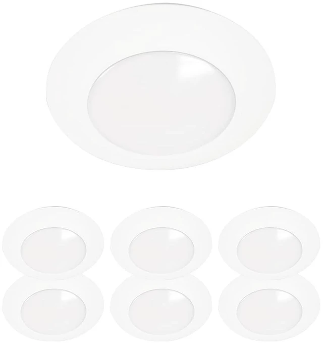 Main image of HALO HLCE 6-Pack 6 in LED Disk Ceiling Light 3000K 940lm 90 CRI Dimmable | Damp location, Phase cut dimming to 10 percent, Fits most 3.5 in or 4 in junction boxes for easy install, Calif Compliant