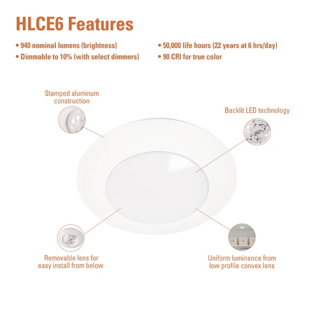 Alt view image 2 of 5 - HALO HLCE 6-Pack 6 in LED Disk Ceiling Light 3000K 940lm 90 CRI Dimmable | Damp location, Phase cut dimming to 10 percent, Fits most 3.5 in or 4 in junction boxes for easy install, Calif Compliant