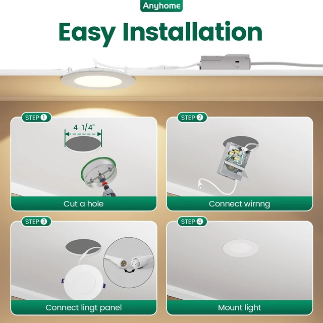 Alt view image 4 of 7 - Anyhome 12 Pack Canless Recessed Lighting 4 Inch Recessed Lighting Led | Dimmable Ultra-Thin,5CCT 2700K-5000K,10W 800LM,with Junction Box - ETL & ES