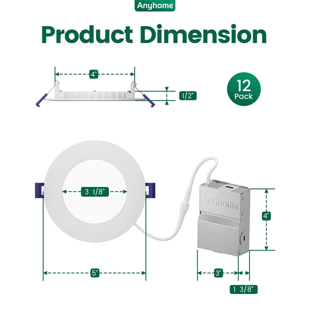 Alt view image 6 of 7 - Anyhome 12 Pack Canless Recessed Lighting 4 Inch Recessed Lighting Led | Dimmable Ultra-Thin,5CCT 2700K-5000K,10W 800LM,with Junction Box - ETL & ES
