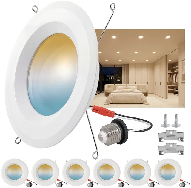 Main image of Chasikeo 6 Pack 6 Inch LED Recessed Lighting, Retrofit 5CCT LED Can Lights | Dimmable Recessed Lights,2700K/3000K/3500K/4000K/5000K Selectable,1050LM,9.5W Eqv 110W,IC & Wet Rated,ETL & FCC,Smooth Trim