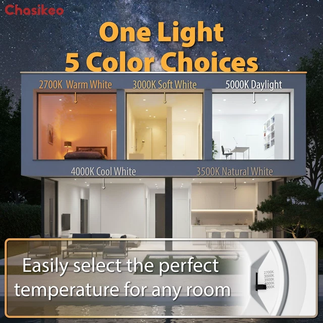 Alt view image 2 of 7 - Chasikeo 6 Pack 6 Inch LED Recessed Lighting, Retrofit 5CCT LED Can Lights | Dimmable Recessed Lights,2700K/3000K/3500K/4000K/5000K Selectable,1050LM,9.5W Eqv 110W,IC & Wet Rated,ETL & FCC,Smooth Trim