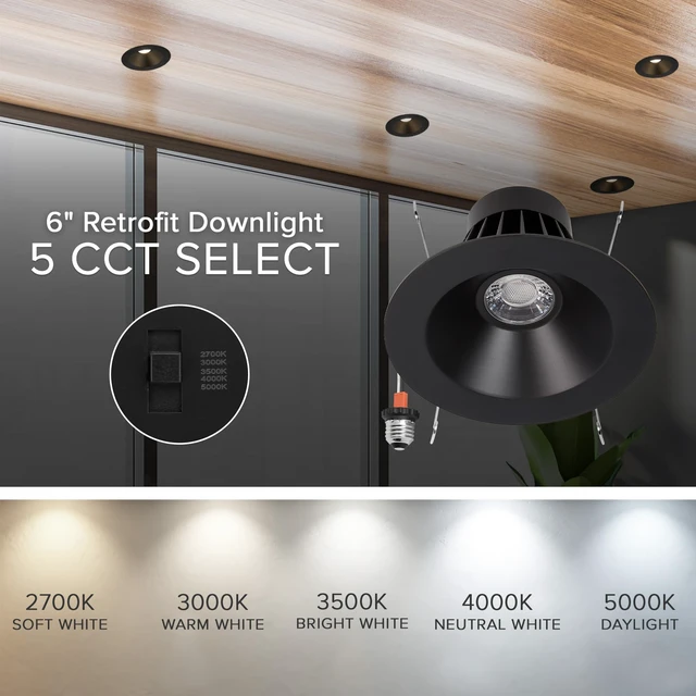 Alt view image 6 of 7 - Maxxima 5" & 6" Retrofit Recessed Anti-Glare LED Downlight 1200 Lumens 5CCT | Color Temperature Selectable 2700K/3000K/3500K/4000K/5000K, Dimmable, E-26 Quick Connect Adapter, 90 CRI, Black Trim
