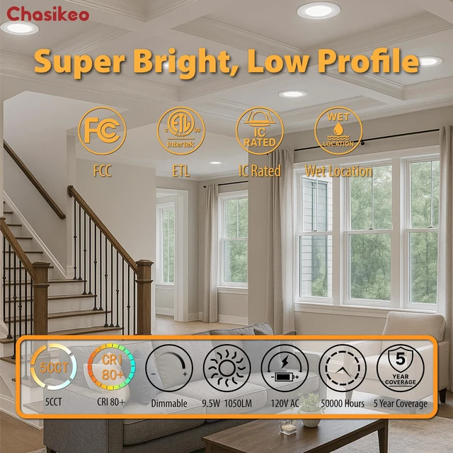 Alt view image 4 of 7 - Chasikeo 6 Pack 6 Inch LED Recessed Lighting, Retrofit 5CCT LED Can Lights | Dimmable Recessed Lights,2700K/3000K/3500K/4000K/5000K Selectable,1050LM,9.5W Eqv 110W,IC & Wet Rated,ETL & FCC,Smooth Trim