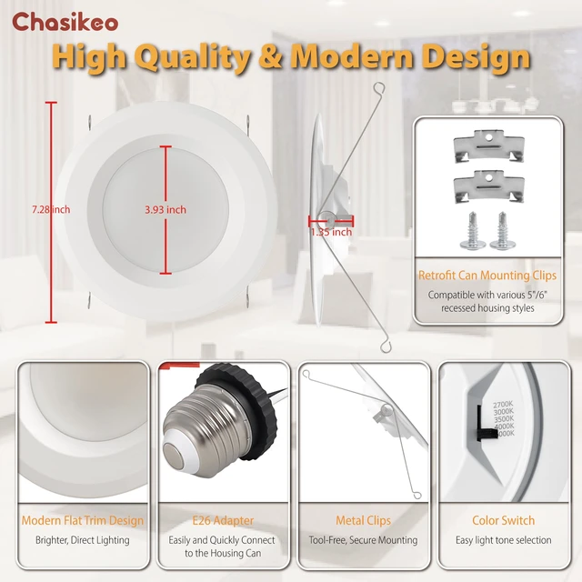 Alt view image 5 of 7 - Chasikeo 6 Pack 6 Inch LED Recessed Lighting, Retrofit 5CCT LED Can Lights | Dimmable Recessed Lights,2700K/3000K/3500K/4000K/5000K Selectable,1050LM,9.5W Eqv 110W,IC & Wet Rated,ETL & FCC,Smooth Trim