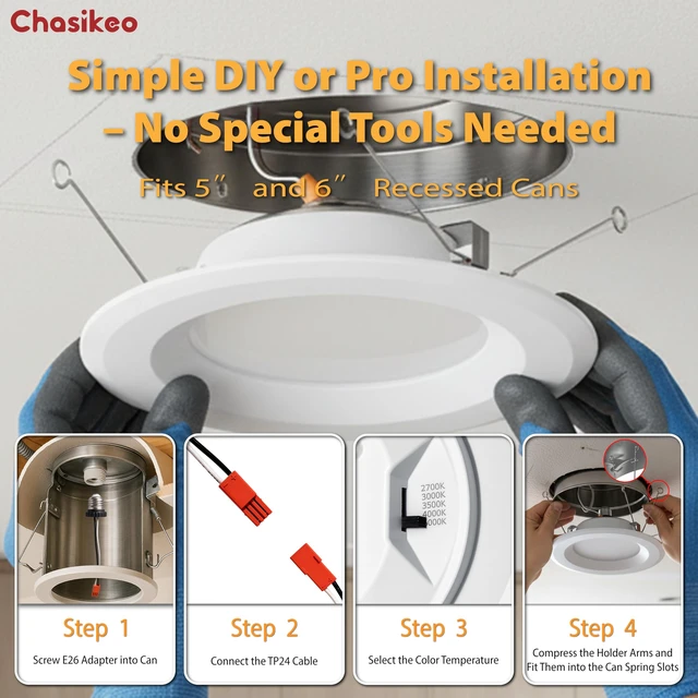 Alt view image 6 of 7 - Chasikeo 6 Pack 6 Inch LED Recessed Lighting, Retrofit 5CCT LED Can Lights | Dimmable Recessed Lights,2700K/3000K/3500K/4000K/5000K Selectable,1050LM,9.5W Eqv 110W,IC & Wet Rated,ETL & FCC,Smooth Trim