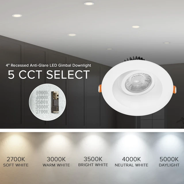 Alt view image 4 of 7 - Maxxima 4" Anti-Glare LED Gimbal Downlight, 1100 Lumens, 5 CCT, White Trim | Adjustable Color Selectable 2700K/3000K/3500K/4000K/5000K, 360° Rotation, Dimmable Recessed Fixture, 90 CRI, J-Box Included