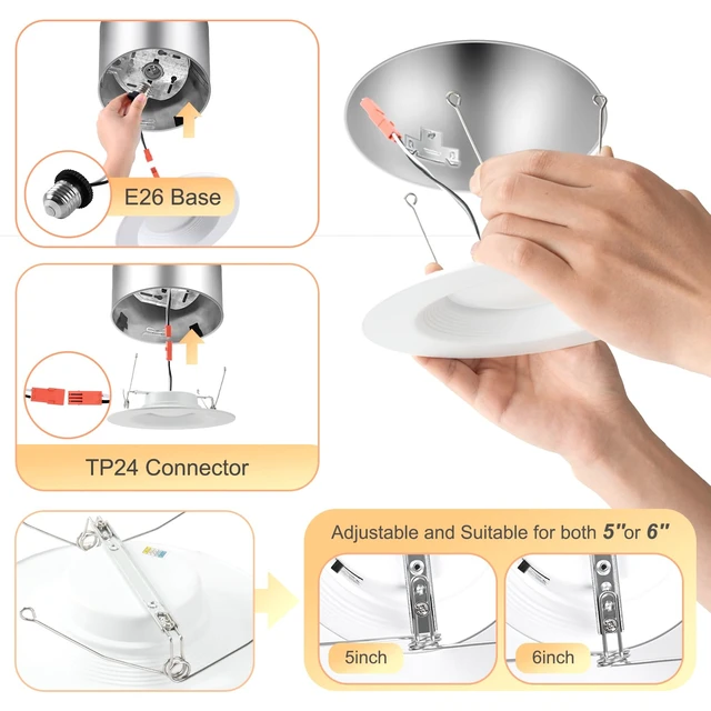 Alt view image 3 of 6 - ZYC Retrofit Recessed Lighting 6 Inch - 12 Pack 5/6 Inch LED Recessed Lighting Retrofits, White Baffle Trim, Damp Rated, 5CCT Selectable 2700K|3000K|4000K|5000K|6000K 15W 1200LM (White, 5/6 in)