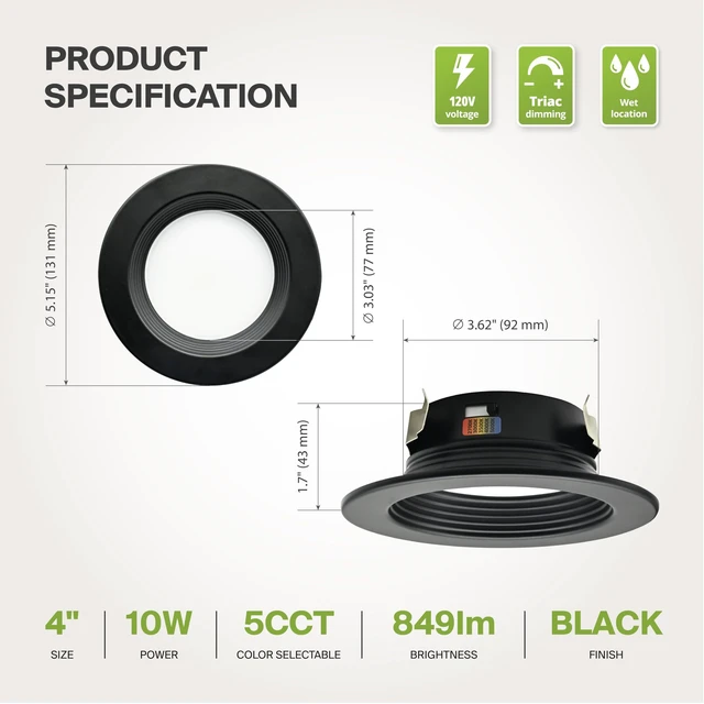 Alt view image 7 of 7 - ASD 12 Pack Black 4 Inch Retrofit LED Recessed Light, 5CCT Wafer Lights | 10W 2700K-5000K 849LM Retrofit LED Recessed Lighting 4 Inch, Baffle Trim Dimmable Can Lights for Ceiling, ETL Energy Star