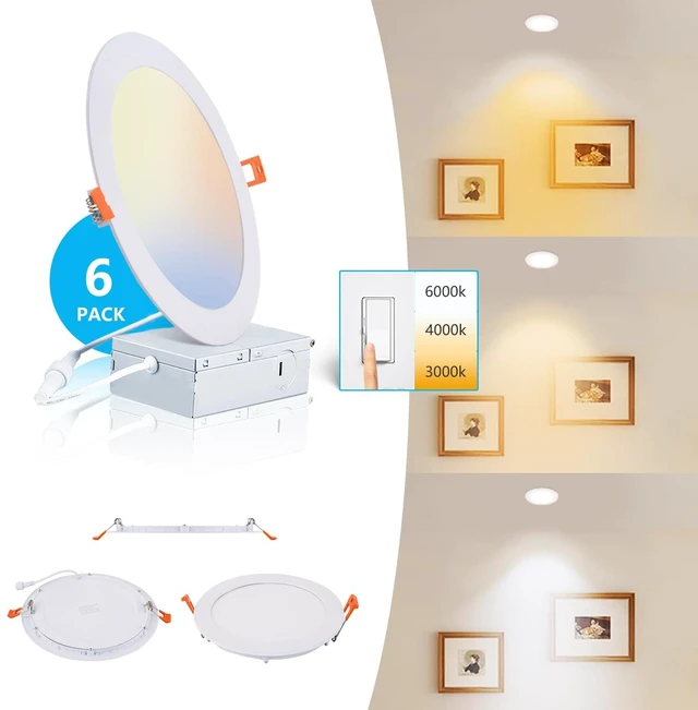 Main image of 6Packs 8 Inch Recessed Light JBox, UltraThin CanKiller Canless | Dimmable,3000K/4000K/6000K cycle thru wall on/off switch,18W LED wafer,downlight,ceiling lighting,8"cutout,face dia 87/8 in