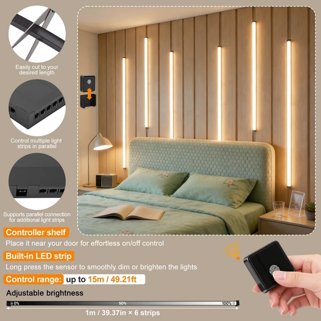 Alt view image 6 of 7 - LED Recessed Lighting Kit for Slat Wall Panels, 6PCS Dimmable 3000K Warm White LED Strip Lights with Touch Switch, for Wood Acoustic Panels, Under Cabinet, Stairs, Headboards & Home Decor