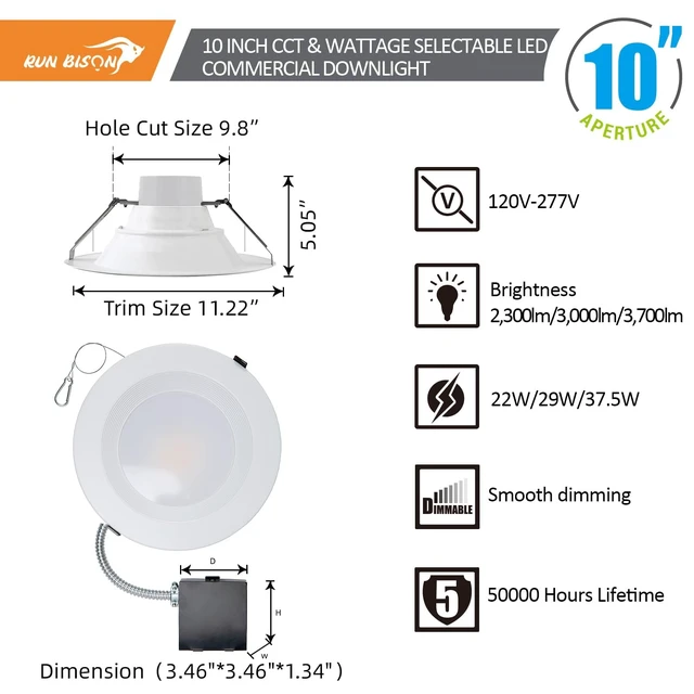 Alt view image 2 of 7 - Run Bison 10 Inch Recessed LED Commercial Downlight with J-Box, ETL Listed | Wattage Adjustable 22/29/37.5W,3 Color Selectable 3000K-5000K, 120-277V,10%-100% Dimmable, Canless LED Downlight