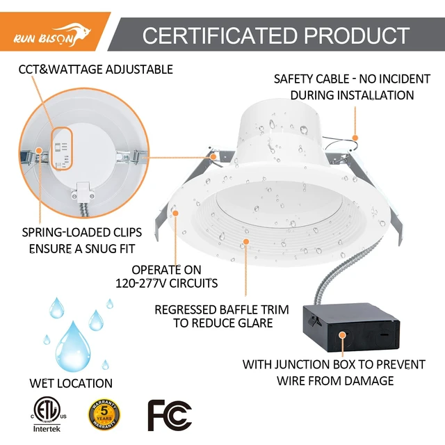 Alt view image 3 of 7 - Run Bison 10 Inch Recessed LED Commercial Downlight with J-Box, ETL Listed | Wattage Adjustable 22/29/37.5W,3 Color Selectable 3000K-5000K, 120-277V,10%-100% Dimmable, Canless LED Downlight