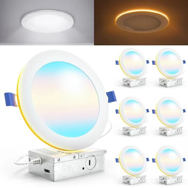 Main image of Sunco 6 Pack 6 Inch Canless LED Recessed Light, Night Light, 15W=110W 5CCT | 1500LM, Selectable CCT 2700K/3000K/4000K/5000K/6000K, with Junction Box, Slim LED Canless Downlight, for Low Ceilings