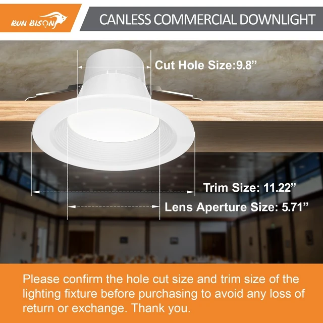 Alt view image 4 of 7 - Run Bison 10 Inch Recessed LED Commercial Downlight with J-Box, ETL Listed | Wattage Adjustable 22/29/37.5W,3 Color Selectable 3000K-5000K, 120-277V,10%-100% Dimmable, Canless LED Downlight