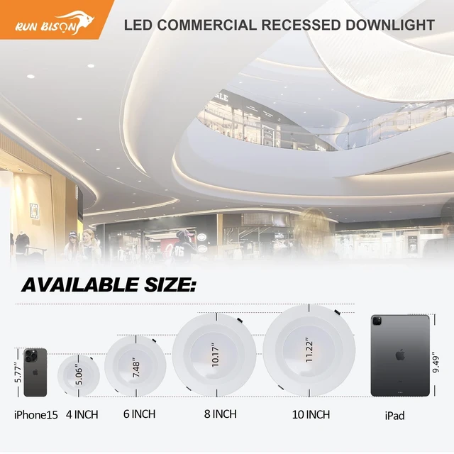 Alt view image 6 of 7 - Run Bison 10 Inch Recessed LED Commercial Downlight with J-Box, ETL Listed | Wattage Adjustable 22/29/37.5W,3 Color Selectable 3000K-5000K, 120-277V,10%-100% Dimmable, Canless LED Downlight