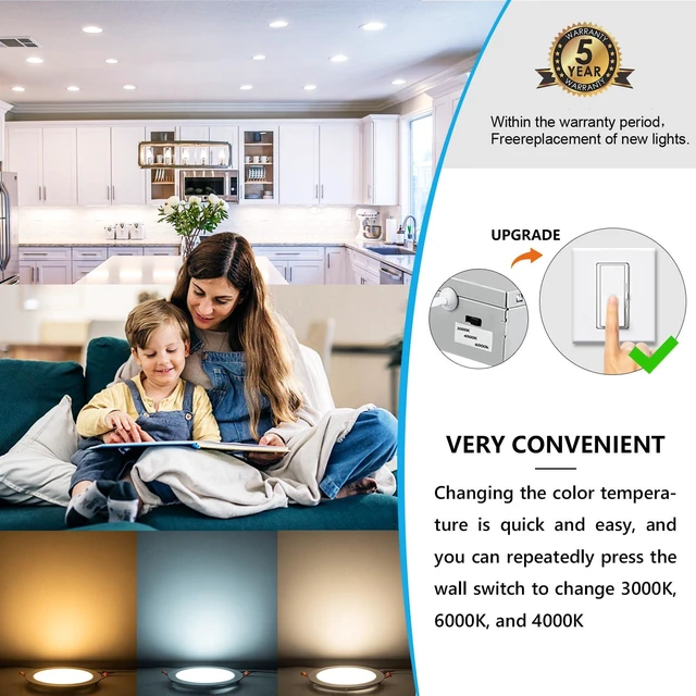 Alt view image 2 of 7 - 6Packs 8 Inch Recessed Light JBox, UltraThin CanKiller Canless | Dimmable,3000K/4000K/6000K cycle thru wall on/off switch,18W LED wafer,downlight,ceiling lighting,8"cutout,face dia 87/8 in