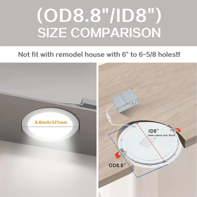Alt view image 5 of 7 - 6Packs 8 Inch Recessed Light JBox, UltraThin CanKiller Canless | Dimmable,3000K/4000K/6000K cycle thru wall on/off switch,18W LED wafer,downlight,ceiling lighting,8"cutout,face dia 87/8 in