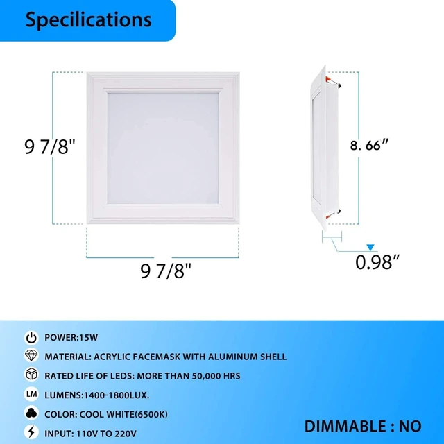 Alt view image 3 of 6 - 15W Recessed LED Panel Lights, Square Ceiling Light,ID 8.66in, 6000K | OD 9.8in | ID 8.66in Ultra Thin LED Downlight Lamp Trim with White, Not Dimmable, 1Pack