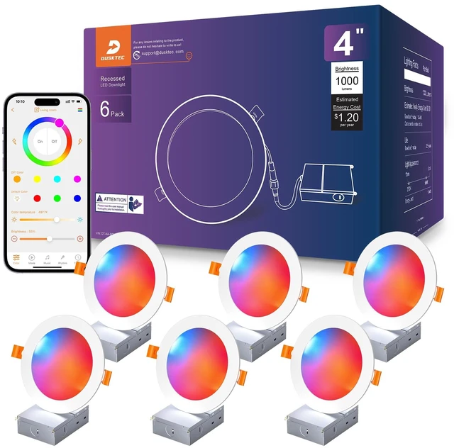 Main image of DUSKTEC Smart Recessed Lighting 4 Inch Color Changing LED Recessed Lights | Compatible with Alexa, 10W RGBW Recess Ceiling Light, Canless Wafer Downlight with Junction Box, 1000LM ( 6 Pack)
