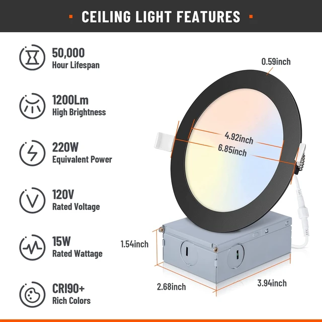 Alt view image 2 of 6 - POWERASIA 6 Pack 6 Inch LED Recessed Lighting, 5CCT Canless Wafer, Black | 2700K-6000K Selectable, 5%-100% Dimmable, Ultra-thin, Metal housing 1200LM 15W, IC & Damp Rated, ETL & FCC 50000h Life Span