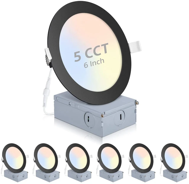 Main image of POWERASIA 6 Pack 6 Inch LED Recessed Lighting, 5CCT Canless Wafer, Black | 2700K-6000K Selectable, 5%-100% Dimmable, Ultra-thin, Metal housing 1200LM 15W, IC & Damp Rated, ETL & FCC 50000h Life Span