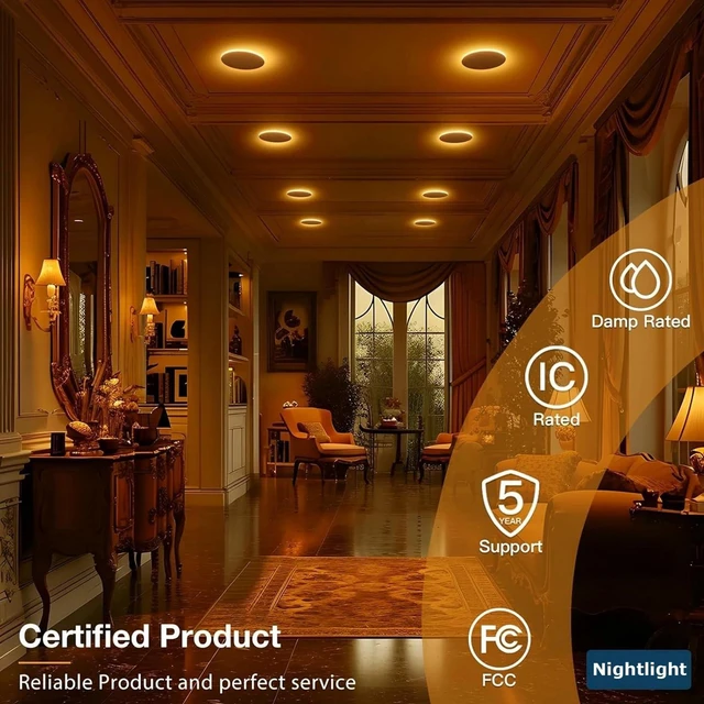 Alt view image 5 of 7 - 12 Pack 4 Inch LED Recessed Lighting, Canless Wafer Downlight, White | 5CCT 2700K-5000K, 5%-100% Dimmable, Ultra-thin, Metal housing, 800LM 11W 120V, IC & Damp Rated, ETL & FCC, 50000h Life Span