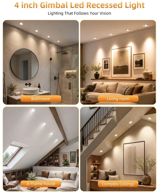 Alt view image 7 of 7 - CLLIGHTING Gimbal Led Recessed Light 4 inch - 5CCT 850LM for Sloped Ceiling | 4 Pack,10W, 360° Rotatable+90° Tilt Eyeball Canless Light, 120V, ETL& IC, Damp Rated, 5%-100% Dimmable, 90+CRI, 38°Beam