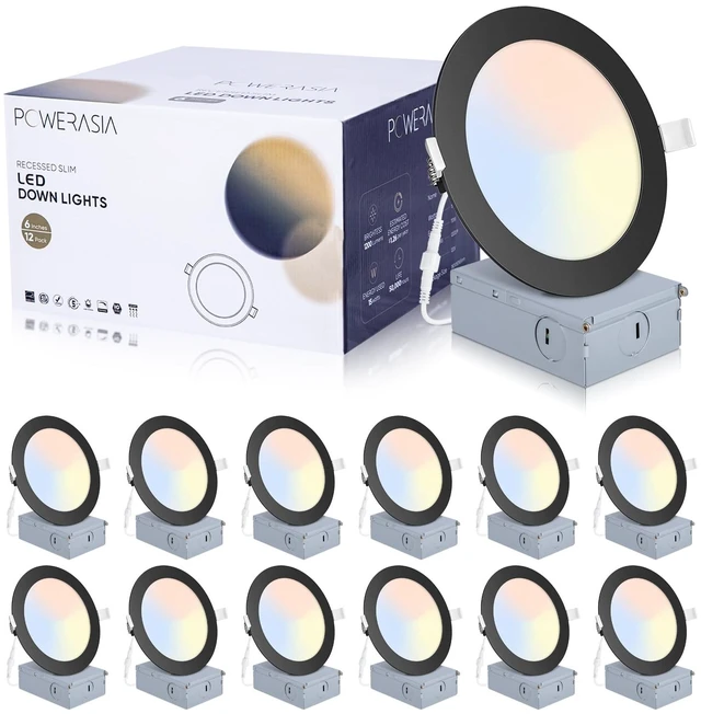 Main image of POWERASIA 12 Pack 6 Inch LED Recessed Lighting, 5CCT Canless Wafer, Black | 2700K-6000K Selectable, 5%-100% Dimmable, Ultra-thin, Metal housing 1200LM 15W, IC & Damp Rated, ETL & FCC 50000h Life Span