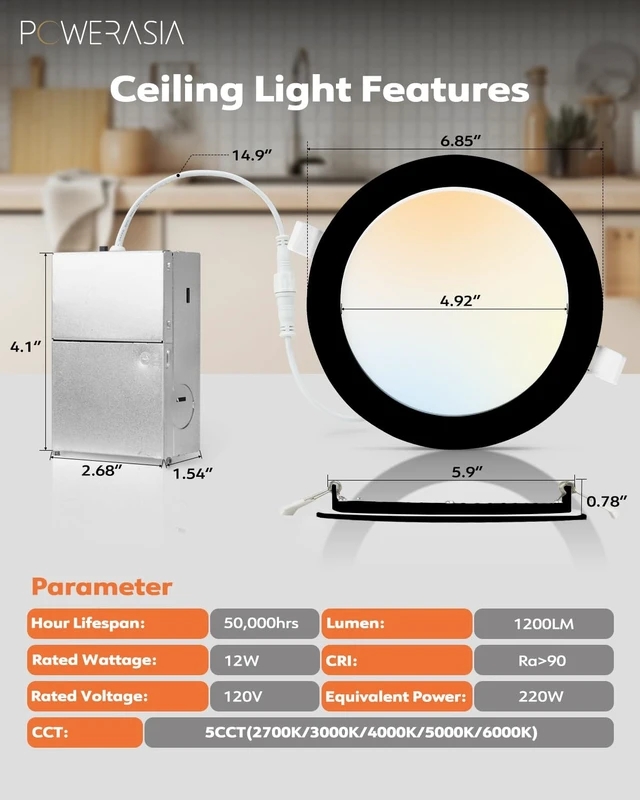 Alt view image 2 of 7 - POWERASIA 12 Pack 6 Inch LED Recessed Lighting, 5CCT Canless Wafer, Black | 2700K-6000K Selectable, 5%-100% Dimmable, Ultra-thin, Metal housing 1200LM 15W, IC & Damp Rated, ETL & FCC 50000h Life Span
