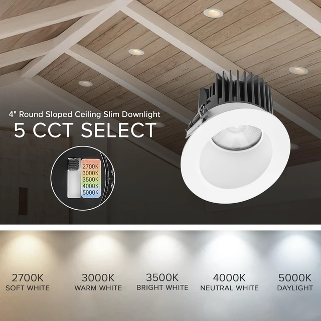 Alt view image 4 of 7 - Maxxima 4" Canless Sloped Anti-Glare LED Downlight, 1000 Lumens, 5 CCT | Color Selectable 2700K/3000K/3500K/4000K/5000K, Recessed Fixture For Sloped Ceilings, IC Rated, Dimmable, 90 CRI