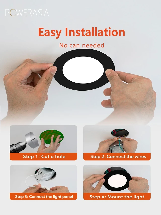 Alt view image 4 of 7 - POWERASIA 12 Pack 6 Inch LED Recessed Lighting, 5CCT Canless Wafer, Black | 2700K-6000K Selectable, 5%-100% Dimmable, Ultra-thin, Metal housing 1200LM 15W, IC & Damp Rated, ETL & FCC 50000h Life Span