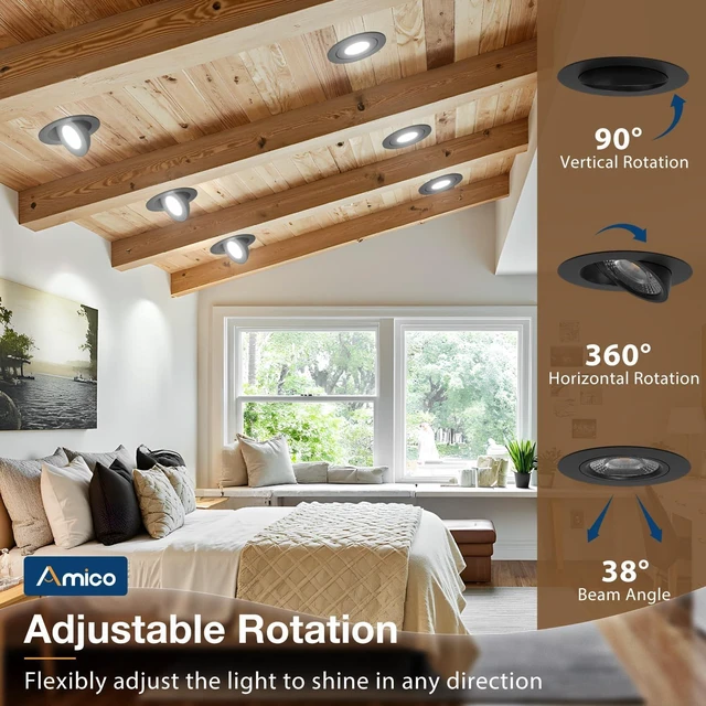 Alt view image 2 of 7 - Amico 4 Pack 4 Inch Black 5CCT Gimbal LED Recessed Ceiling Light | 360° Rotation & 90° Tilt, 9W 700LM, CRI90+, Dimmable, ETL&FCC, Adjustable Eyeball Directional Wafer Downlight, J-Box Included