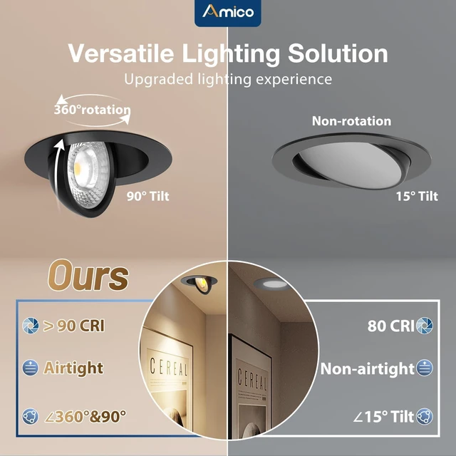 Alt view image 3 of 7 - Amico 4 Pack 4 Inch Black 5CCT Gimbal LED Recessed Ceiling Light | 360° Rotation & 90° Tilt, 9W 700LM, CRI90+, Dimmable, ETL&FCC, Adjustable Eyeball Directional Wafer Downlight, J-Box Included